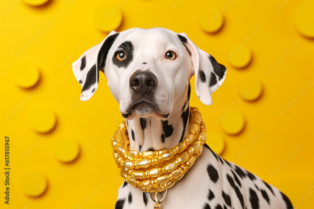 Collage generated by ai of dalmatian dog portrait wear yellow golden collar pet shop advert over yel