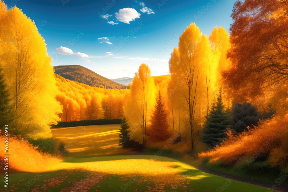 Picturesque natural autumn landscape with sun, blue sky, road and beautiful trees with red and orang