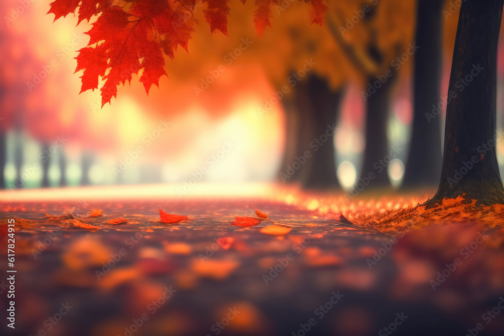 Picturesque natural autumn park with beautiful trees with red and orange foliage. Generated by AI.