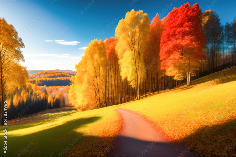 Picturesque natural autumn landscape with sun, blue sky, road and beautiful trees with red and orang