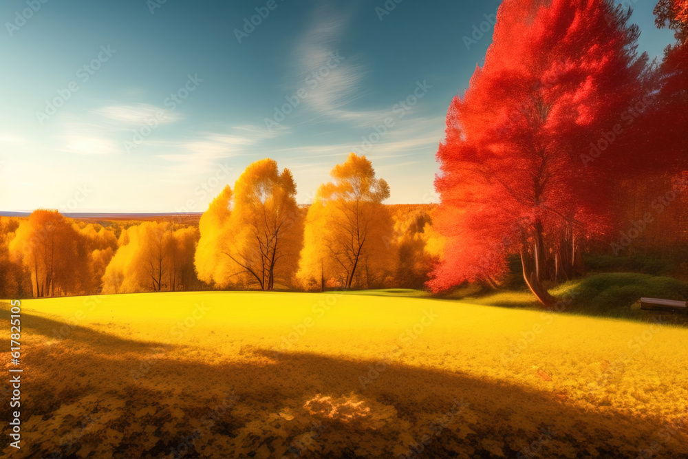 Picturesque autumn landscape with sun, blue sky and beautiful trees with red and orange foliage. Gen