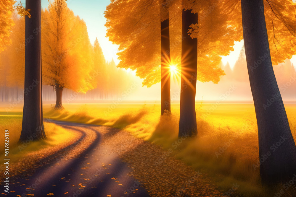 Picturesque natural autumn landscape with sun, road and beautiful trees with red and orange foliage.