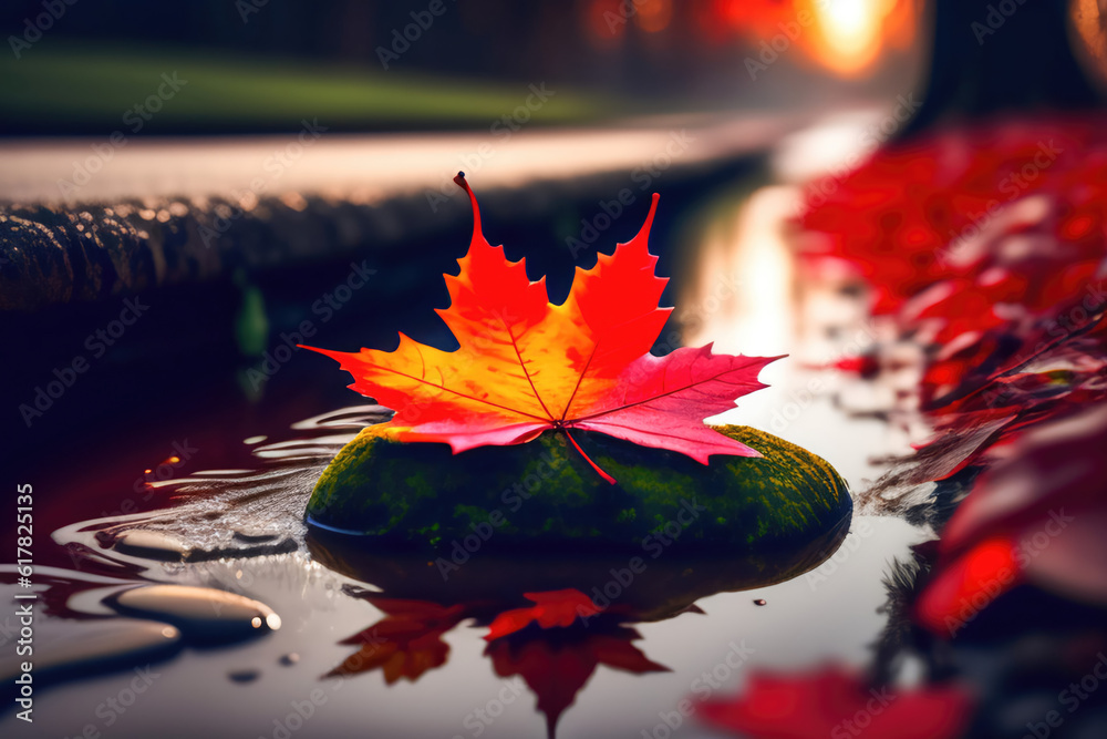 Beautiful bright red autumn maple leaf close-up on a stone in the forest with reflection in the wate