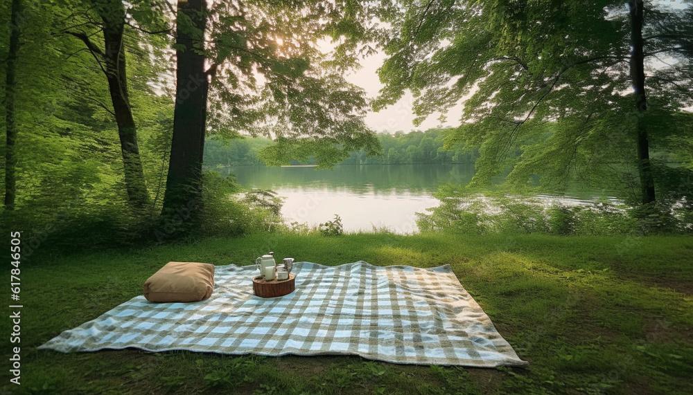 Nature beauty in a picnic: fresh food, green meadow, mountain adventure generated by AI