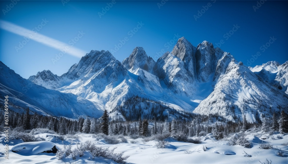 Tranquil scene of majestic mountain range in winter landscape wallpaper generated by AI