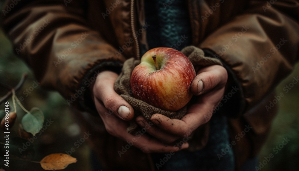 Healthy adult holding ripe apple in autumn forest farm scene generated by AI