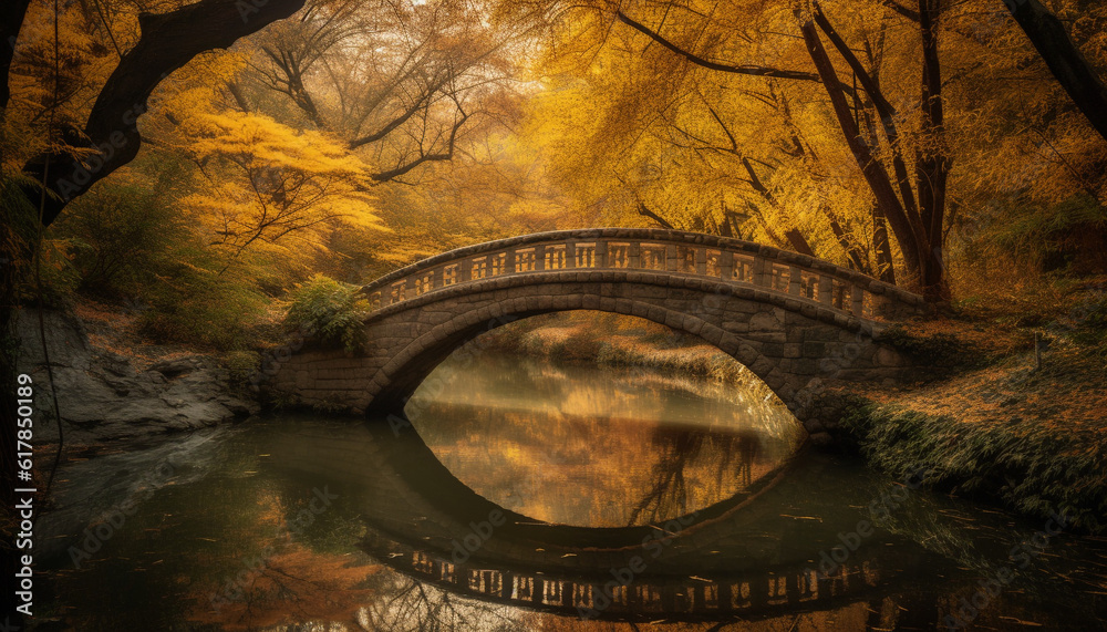 Tranquil autumn landscape with old bridge over colorful pond generated by AI