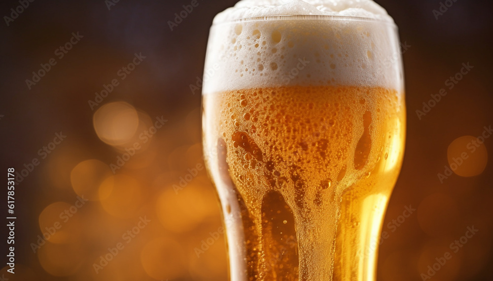 Frothy beer drop in gold pint glass on frosty table generated by AI