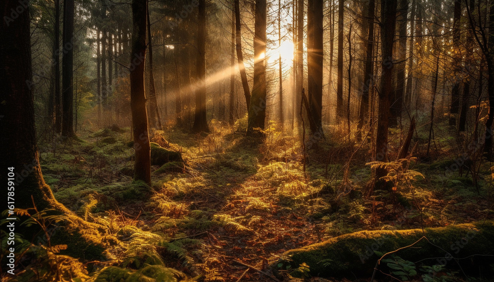 Tranquil forest path leads to vibrant autumn tree growth generated by AI