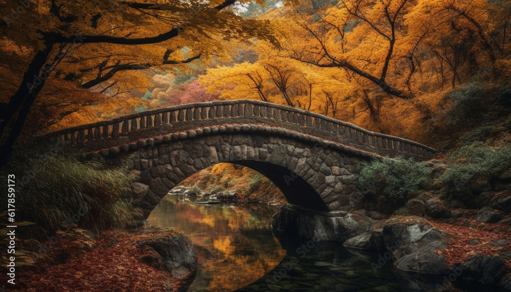 Tranquil autumn landscape forest, bridge, and man made structure generated by AI