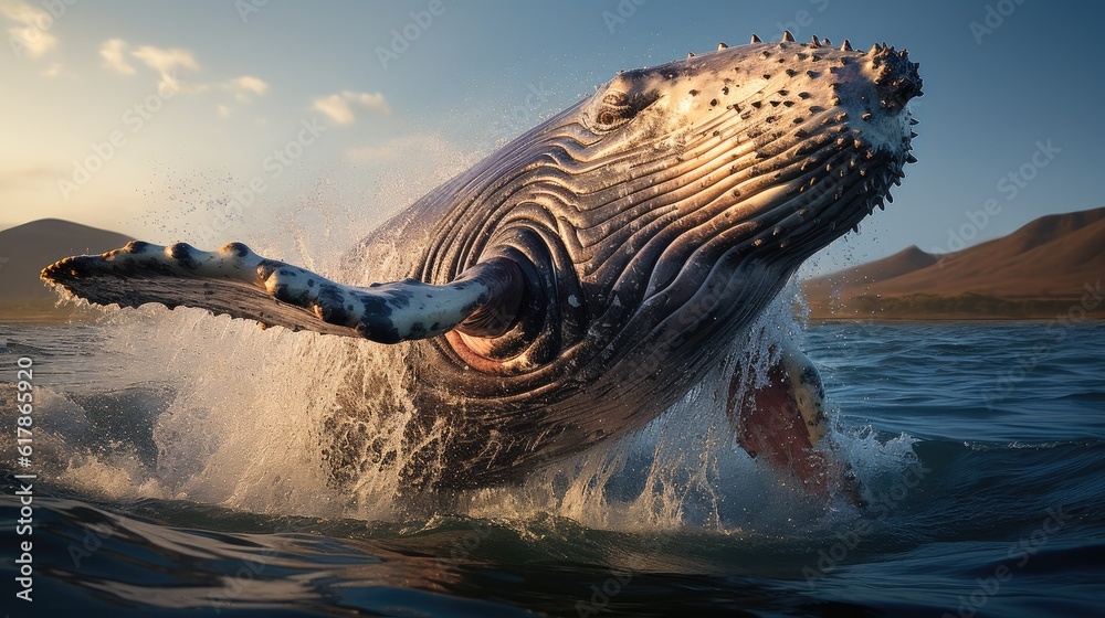 Humpback Whale, Humpback whale breaching in sea.