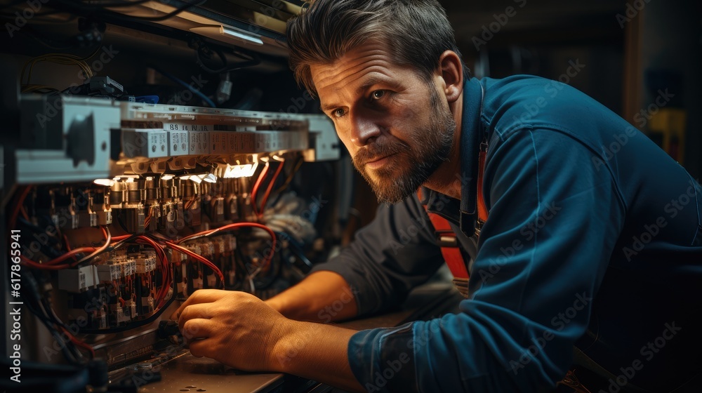 Electrician inspect and installing switchboard with an electrical connecting cable.