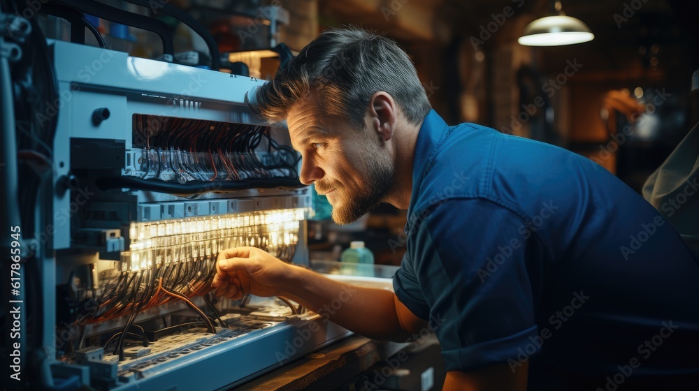 Electrician inspect and installing switchboard with an electrical connecting cable.