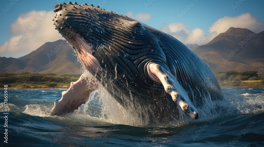 Humpback Whale, Humpback whale breaching in sea.