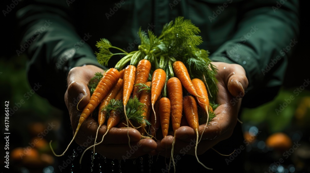 Freshly carrots in hand, Healthy organic food, vegetables, agriculture, close up.