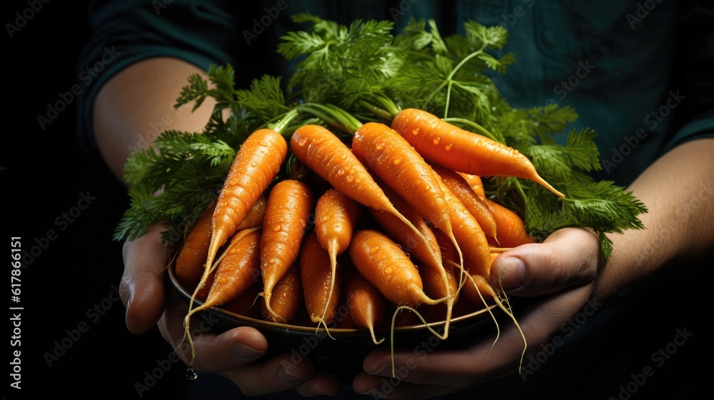 Freshly carrots in hand, Healthy organic food, vegetables, agriculture, close up.