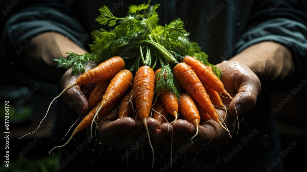 Freshly carrots in hand, Healthy organic food, vegetables, agriculture, close up.