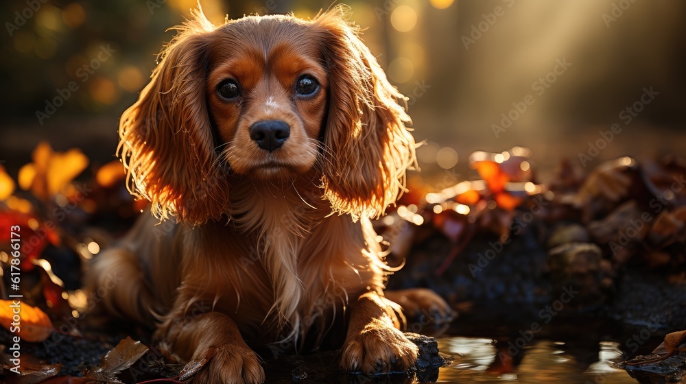 Cavalier King Charles Spaniel dog in autumn leaves. Cavalier King Charles Spaniel in the park.