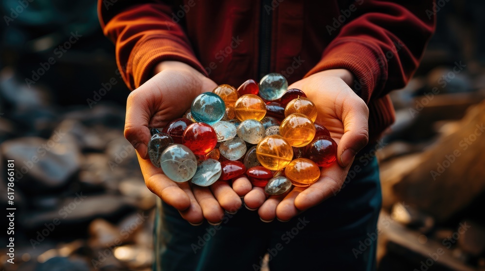 Childs hands full of plastic, Hands of young boy holding a bunch of plastic ready to recycle and be