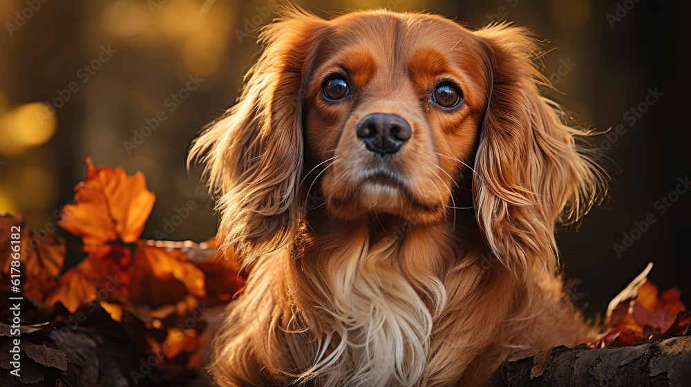 Cavalier King Charles Spaniel dog in autumn leaves. Cavalier King Charles Spaniel in the park.