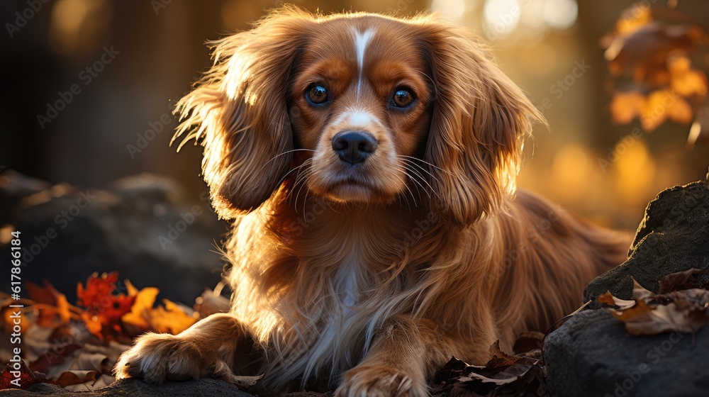 Cavalier King Charles Spaniel dog in autumn leaves. Cavalier King Charles Spaniel in the park.