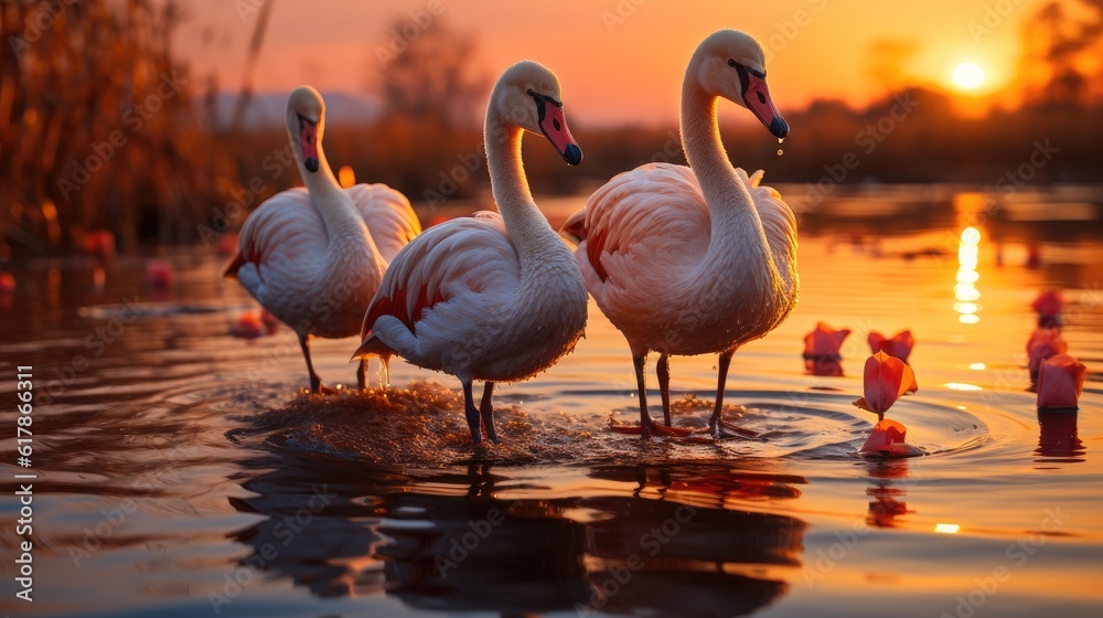 Group of Flamingos standing in water at sunset.