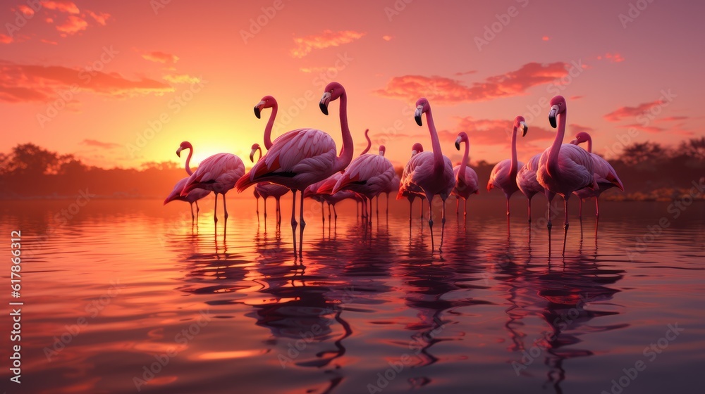 Group of Flamingos standing in water at sunset.