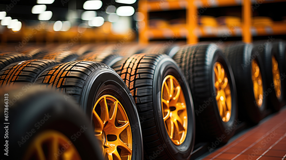 Group of new tires for sale at a tire store.