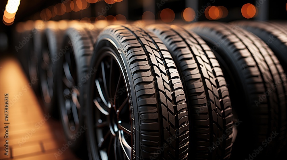 Group of new tires for sale at a tire store.