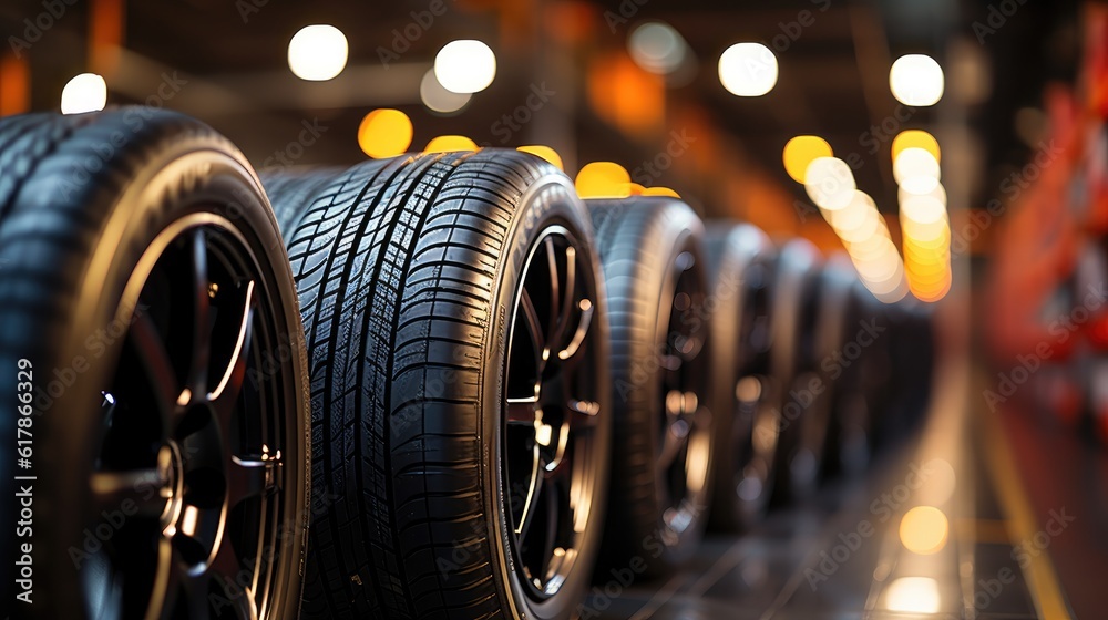 Group of new tires for sale at a tire store.