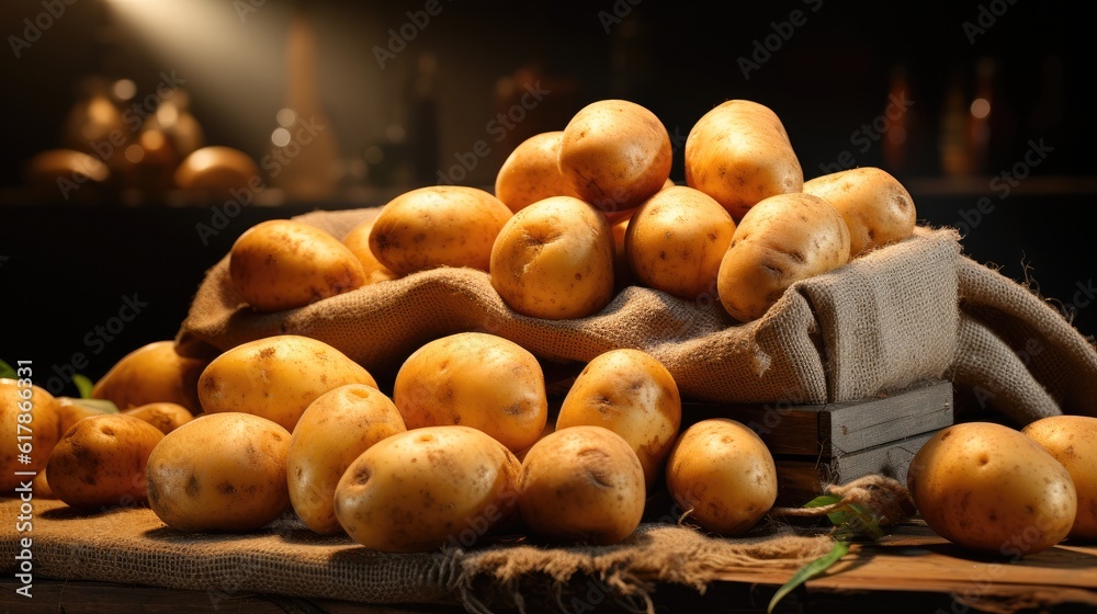 Raw potato food, Fresh potatoes on wooden background.