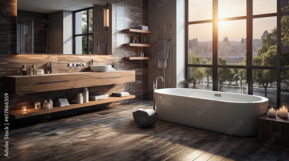 Interior of a modern apartment bathroom.