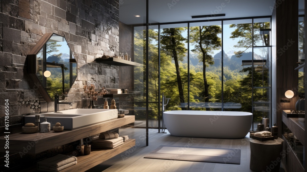 Luxury bathroom with garden view, Showered by natural light in modern style.