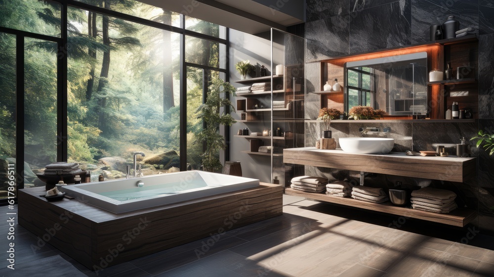 Luxury bathroom with garden view, Showered by natural light in modern style.