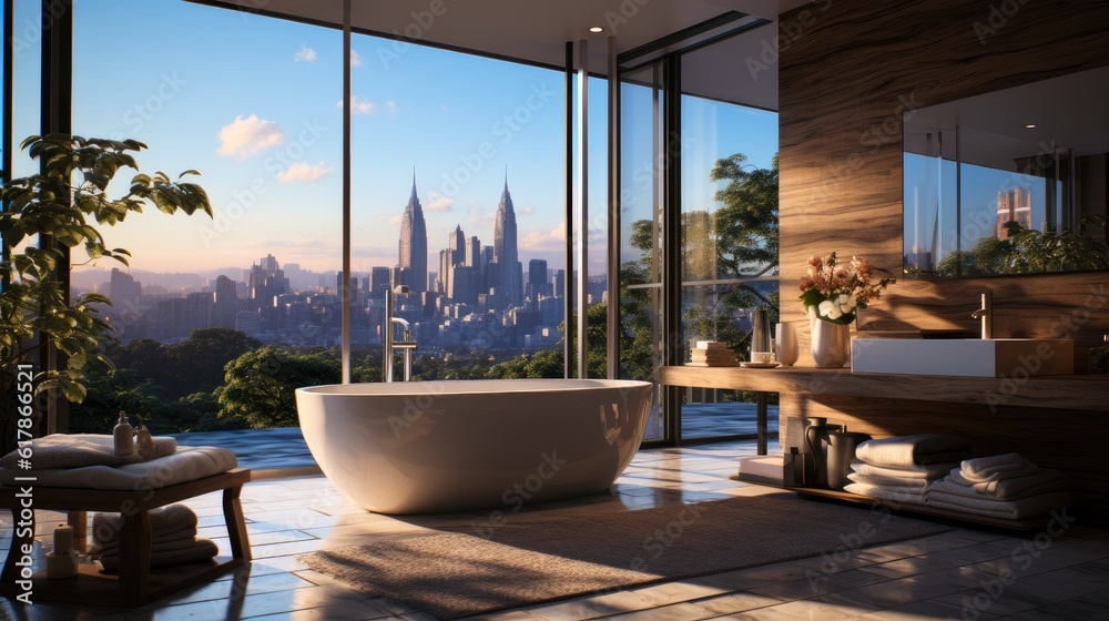 Luxury bathroom with garden view, Showered by natural light in modern style.