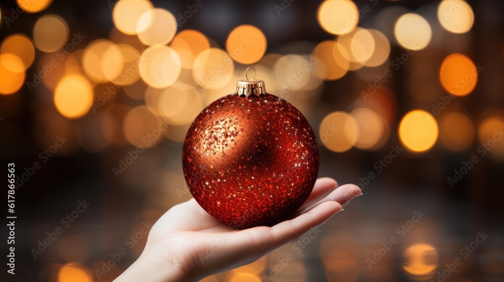 Closeup Christmas ball with bokeh, Xmas holiday background, Merry Christmas and happy new year conce