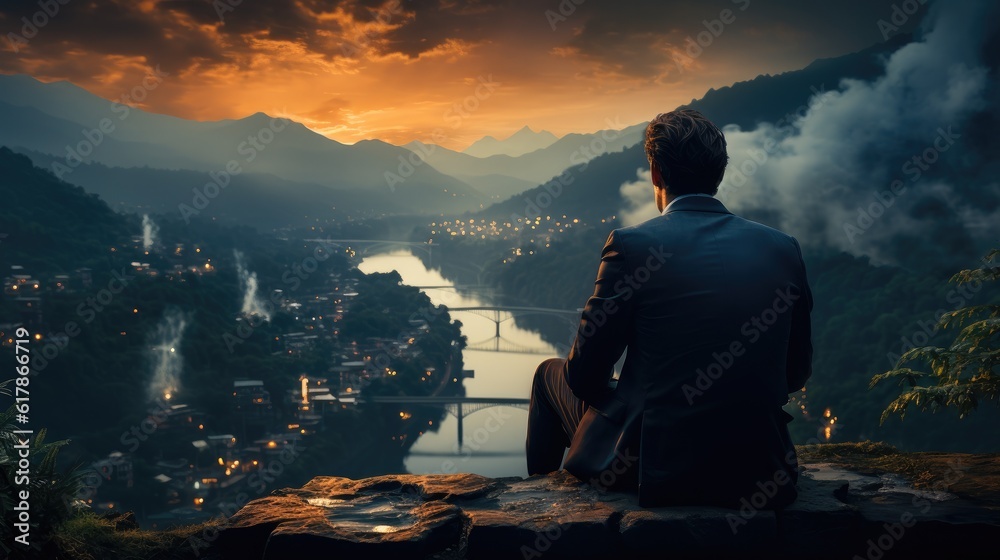 Back view of businessman standing on mountain top looking at cityscape, Competition and leader conce