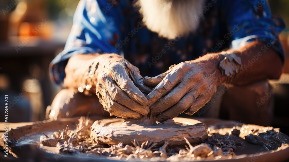 Potters hands doing pottery, Workshop for manufacturing potters products, Concept handmade, worksh