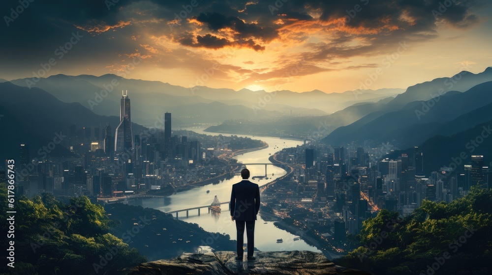 Back view of businessman standing on mountain top looking at cityscape, Competition and leader conce