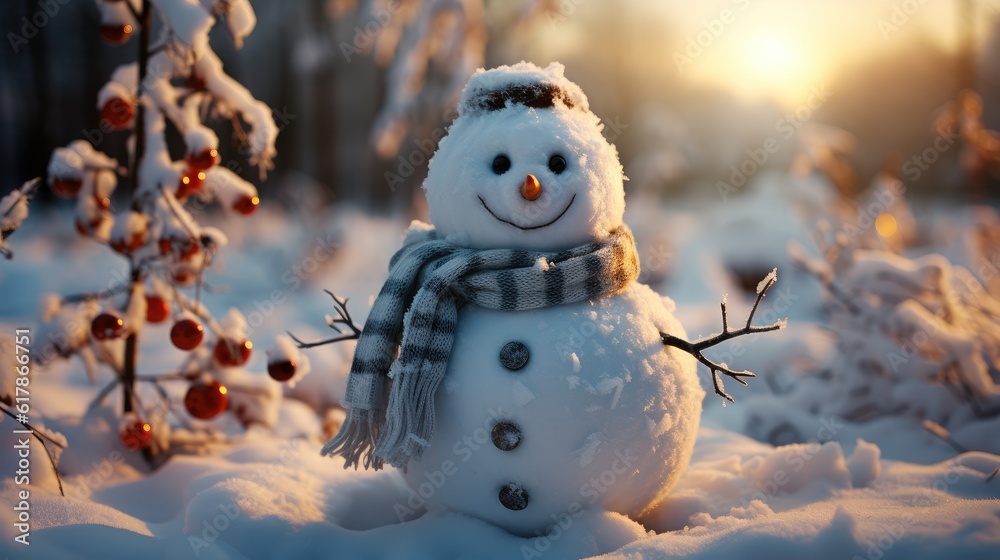 Snowman on winter background, Merry Christmas, Christmas Card.