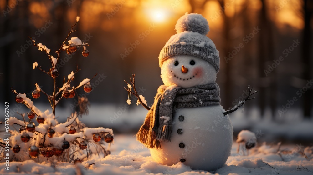 Snowman on winter background, Merry Christmas, Christmas Card.