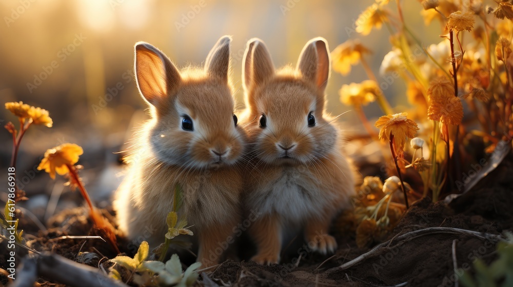 Rabbit, Two bunnies nuzzling each other at nature.