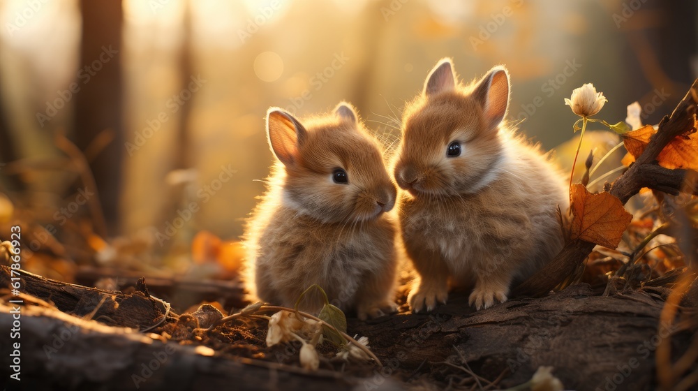 Rabbit, Two bunnies nuzzling each other at nature.