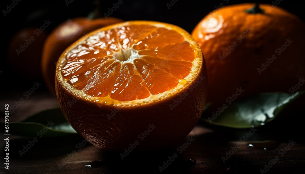 Fresh organic citrus fruit slice on rustic wooden table background generated by AI