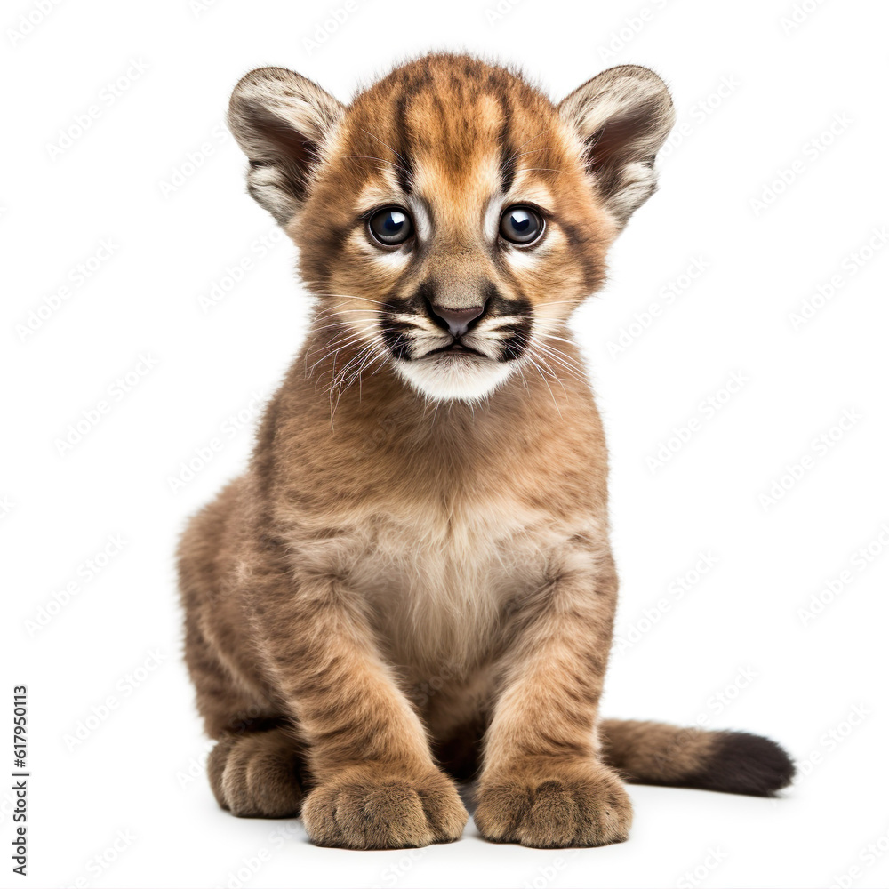 Cute little mountain lion cat puma baby kitty realistic photo generative AI illustration isolated on