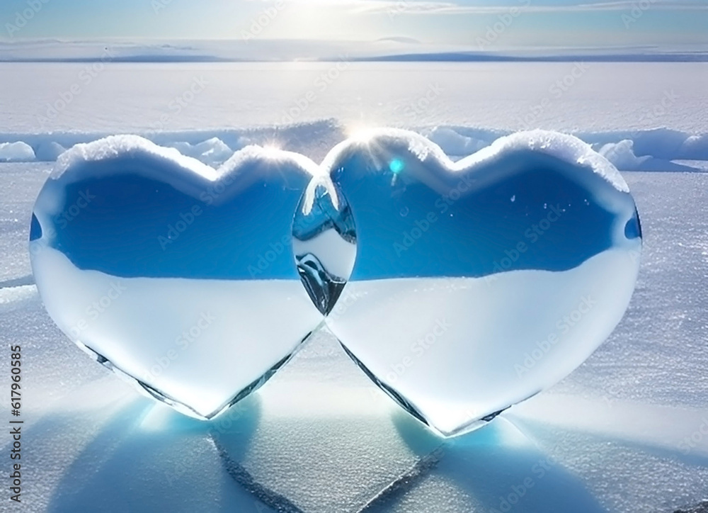 Two transparent hearts made of ice on a white snow background.Valentines day winter holidays concep