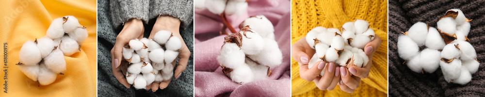 Collage of soft cotton flowers, woman in knitted sweaters and fabrics