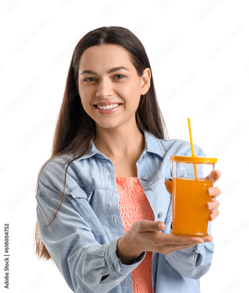 Young woman with glass of vegetable juice on white background