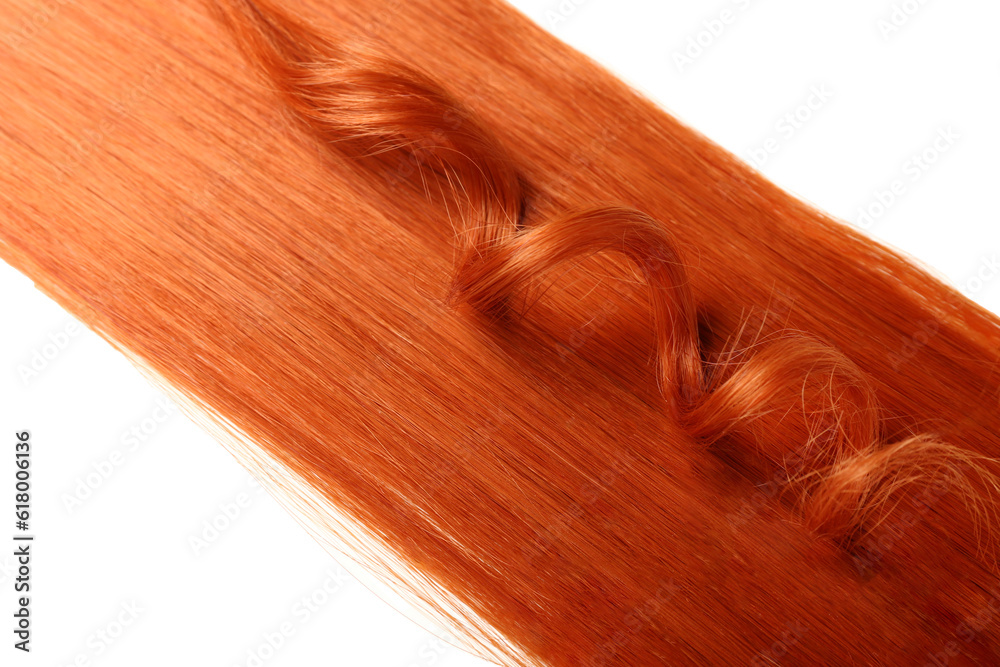 Ginger hair with curly strand on white background, closeup