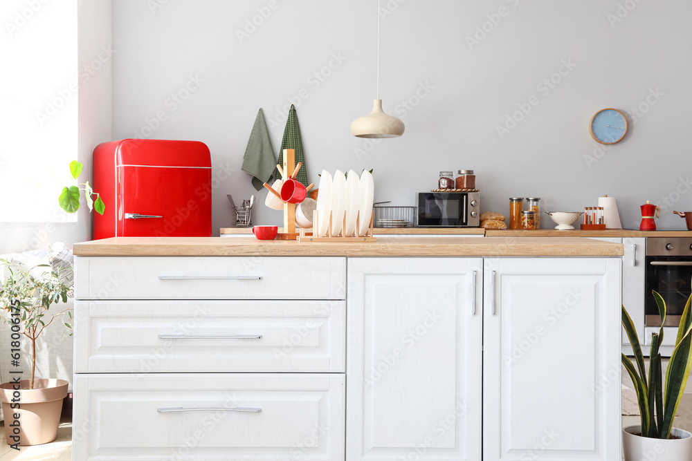 Interior of light kitchen with red fridge, counters and houseplants